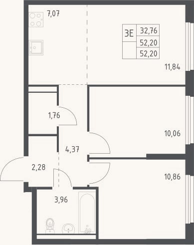 Планировка: 3-к, 52,2 м²