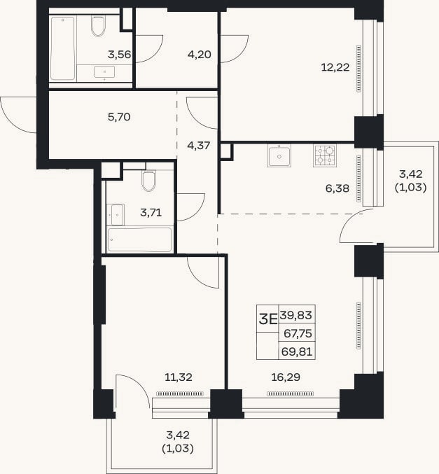 Планировка: 3-к, 67,8 м²