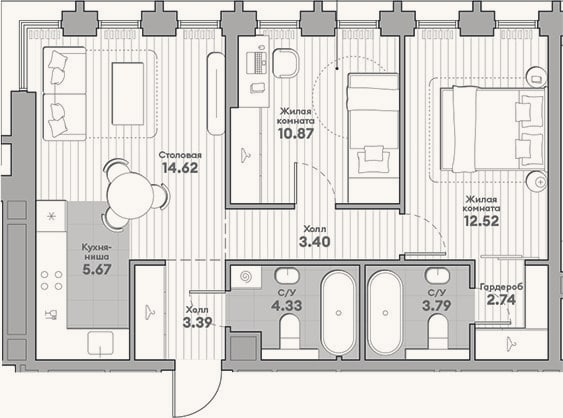 Планировка: 3-к, 61,3 м²