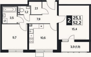 Планировка: 2-к, 51,3 м²