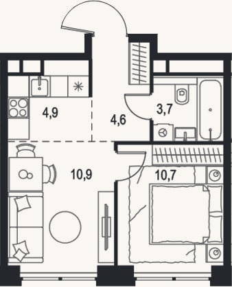Планировка: 2-к, 34,8 м²