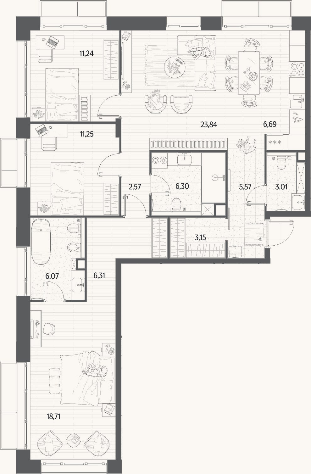 Планировка: 4+ к, 104,7 м²