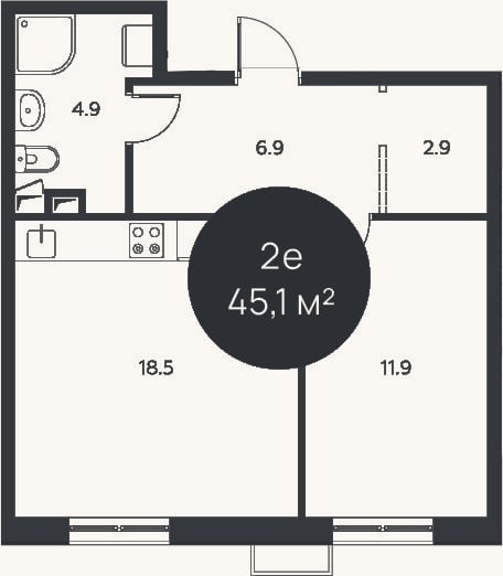 Планировка: 2-к, 45,1 м²