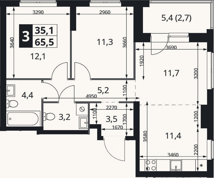 Планировка: 3-к, 62,8 м²