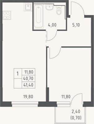 Планировка: 2-к, 40,7 м²