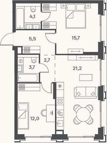 Планировка: 3-к, 64,9 м²