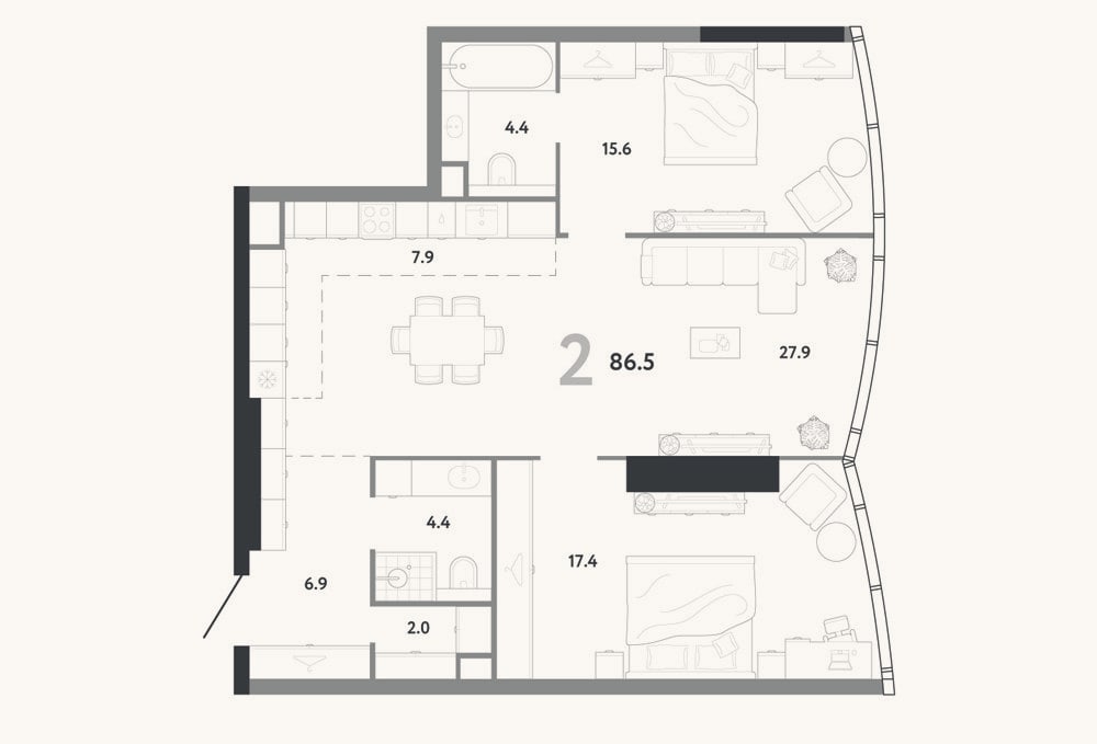 Планировка: 3-к, 86,5 м²