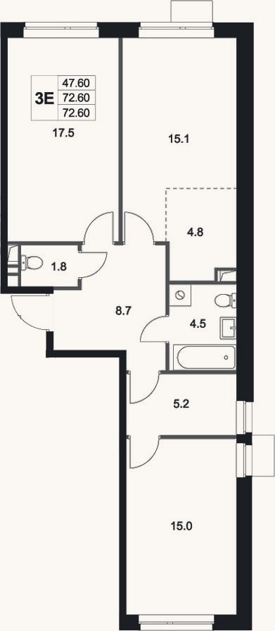Планировка: 3-к, 72,6 м²
