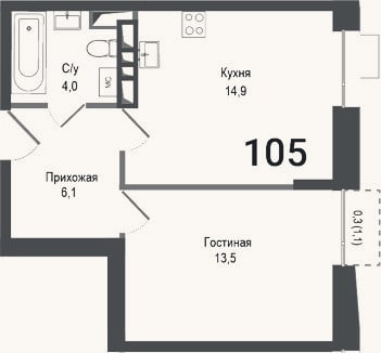 Планировка: 1-к, 38,5 м²