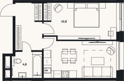 Планировка: Студия, 47,6 м²