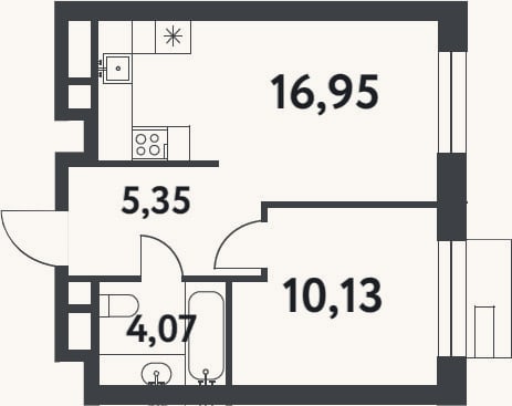 Планировка: 1-к, 36,5 м²