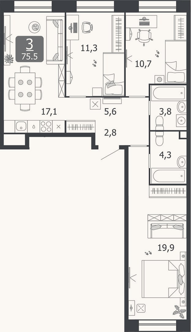 Планировка: 4+ к, 75,5 м²