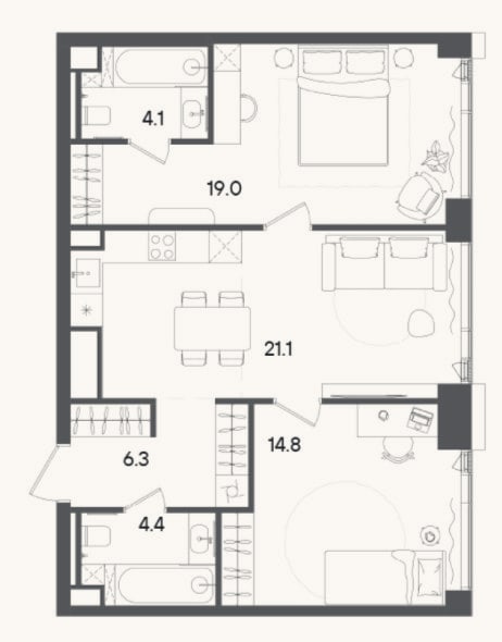 Планировка: 3-к, 69,7 м²