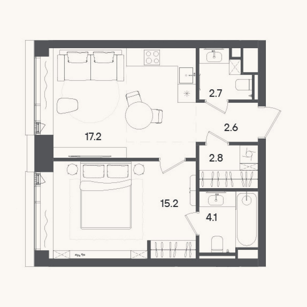 Планировка: 2-к, 44,6 м²