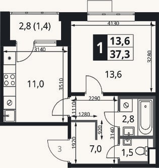 Планировка: 1-к, 35,9 м²