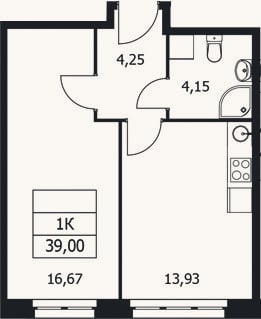 Планировка: 1-к, 39 м²
