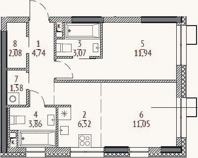 Планировка: 2-к, 44,8 м²