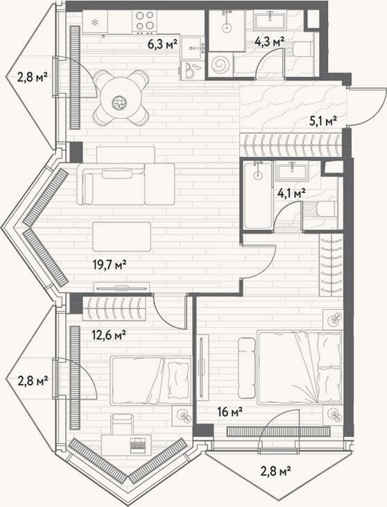 Планировка: 3-к, 68,1 м²
