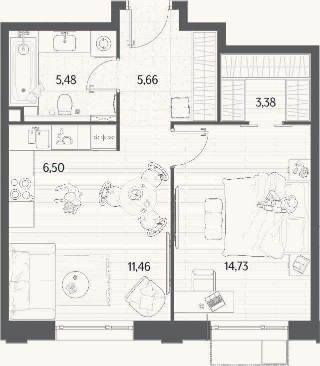 Планировка: 2-к, 47,2 м²
