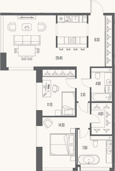 Планировка: 2-к, 83,6 м²
