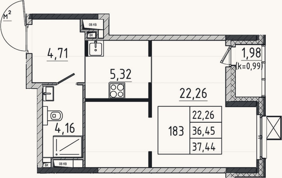 Планировка: Студия, 36,5 м²