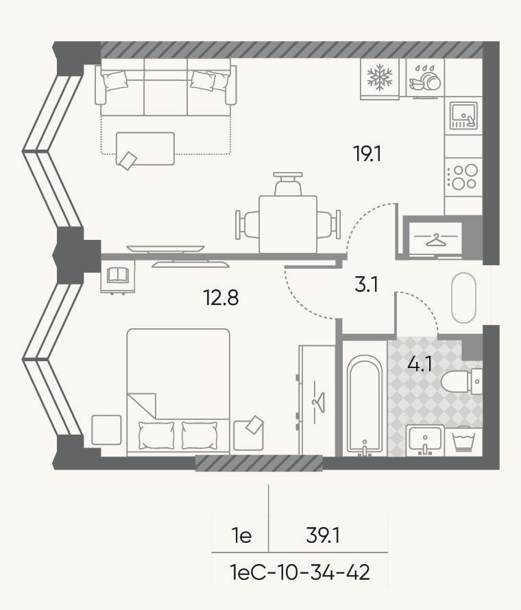 Планировка: 2-к, 39,1 м²