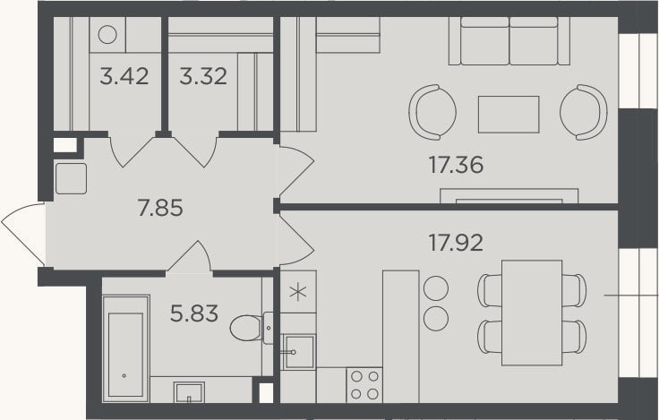 Планировка: 1-к, 55,7 м²