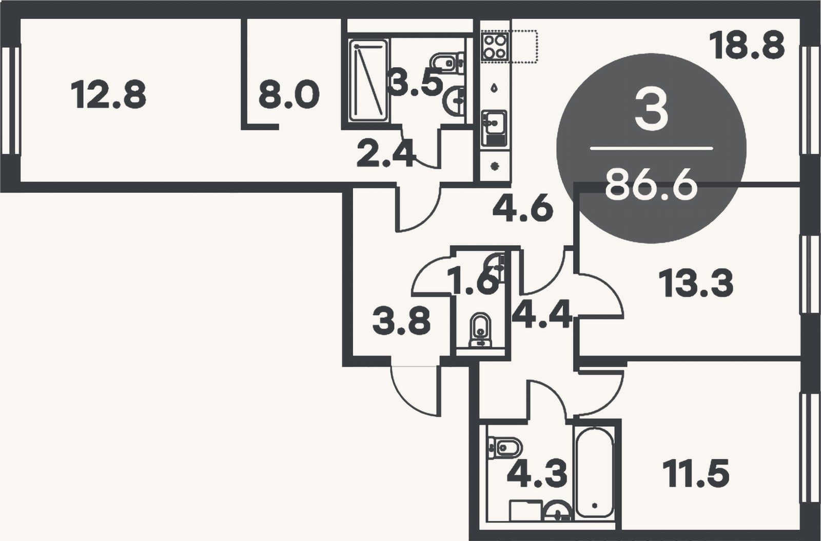 Планировка: 3-к, 86,6 м²