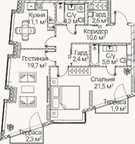 Планировка: 2-к, 74,9 м²