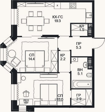 Планировка: 2-к, 65,7 м²