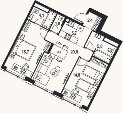 Планировка: 3-к, 71,3 м²