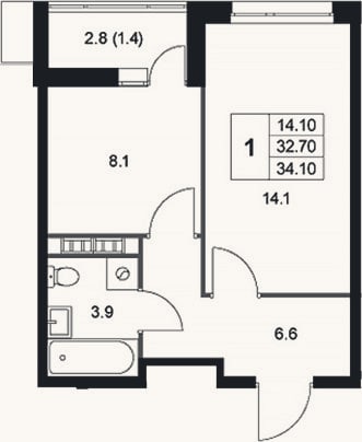 Планировка: 1-к, 32,7 м²