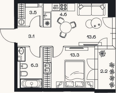 Планировка: 2-к, 44,4 м²