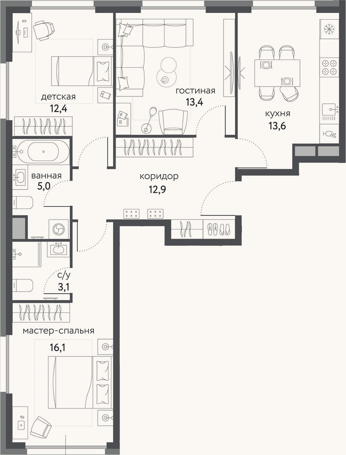 Планировка: 3-к, 76,7 м²