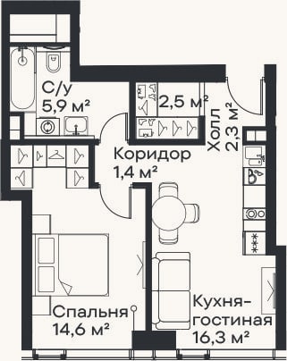 Планировка: 2-к, 43 м²