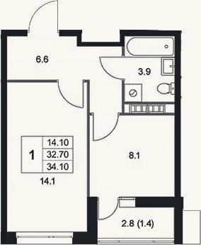Планировка: 1-к, 32,7 м²