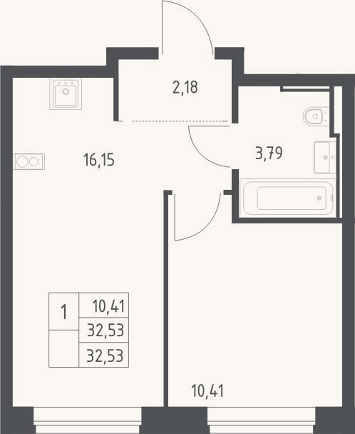 Планировка: 2-к, 32,5 м²