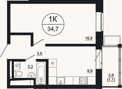 Планировка: 1-к, 33,6 м²
