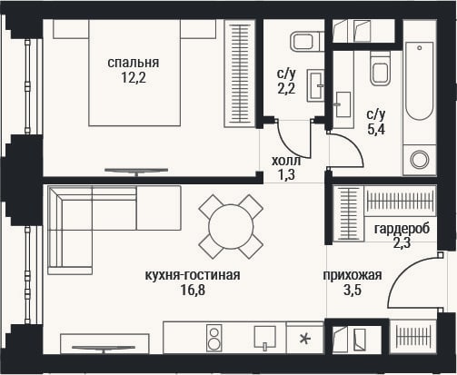 Планировка: 2-к, 43,8 м²