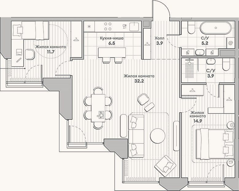 Планировка: 3-к, 78,3 м²