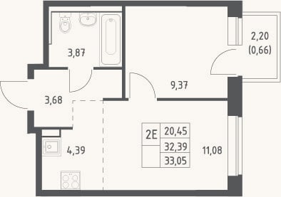 Планировка: 2-к, 32,4 м²