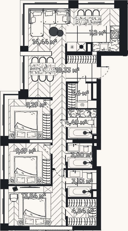 Планировка: 4+ к, 92,9 м²