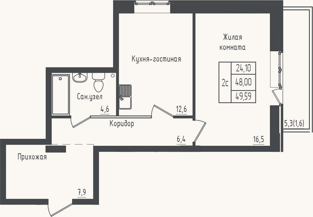 Планировка: 1-к, 48 м²