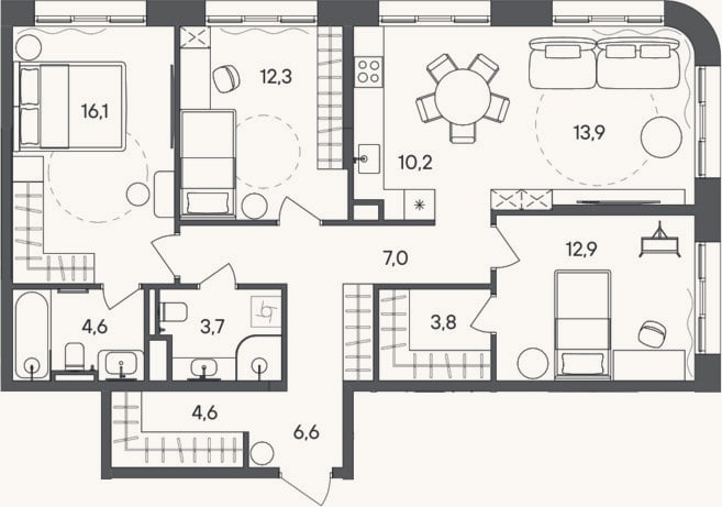 Планировка: 4+ к, 95,7 м²