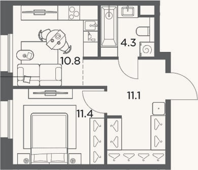 Планировка: 1-к, 37,6 м²