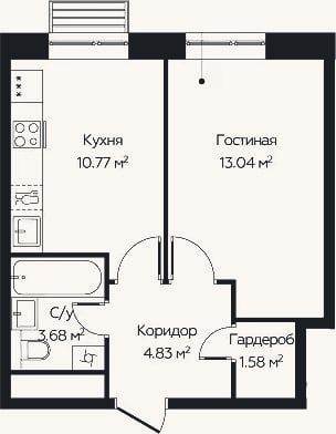 Планировка: 1-к, 33,9 м²