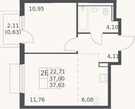Планировка: 2-к, 37 м²