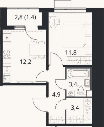 Планировка: 1-к, 35,7 м²