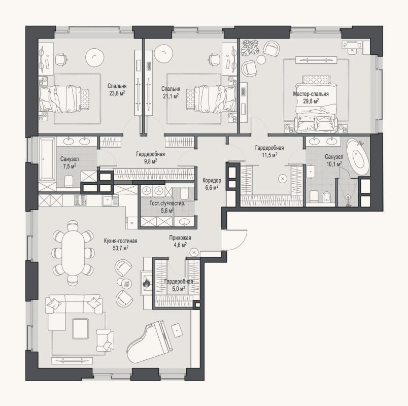Планировка: 4+ к, 189 м²