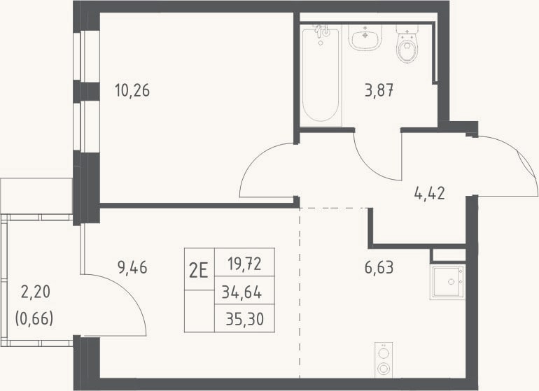 Планировка: 2-к, 34,6 м²